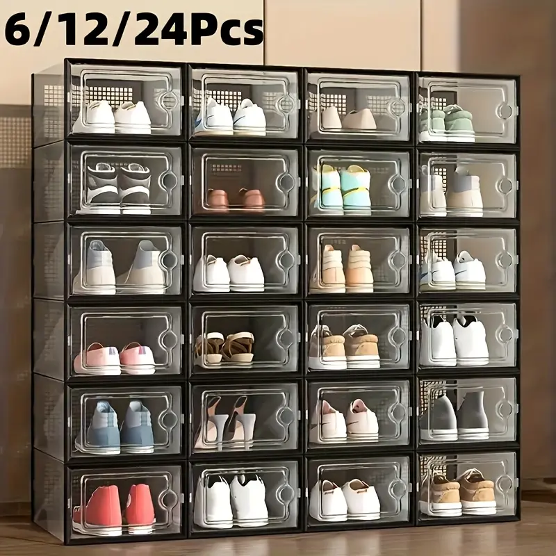 6/12/24-piece large-capacity shoe cabinet storage box, modular space-saving transparent plastic stacked shoe box with lid Clear display box, sports shoe storage shoe rack, white and black optional, Shoebox Organiser, Clear Shoe Boxes