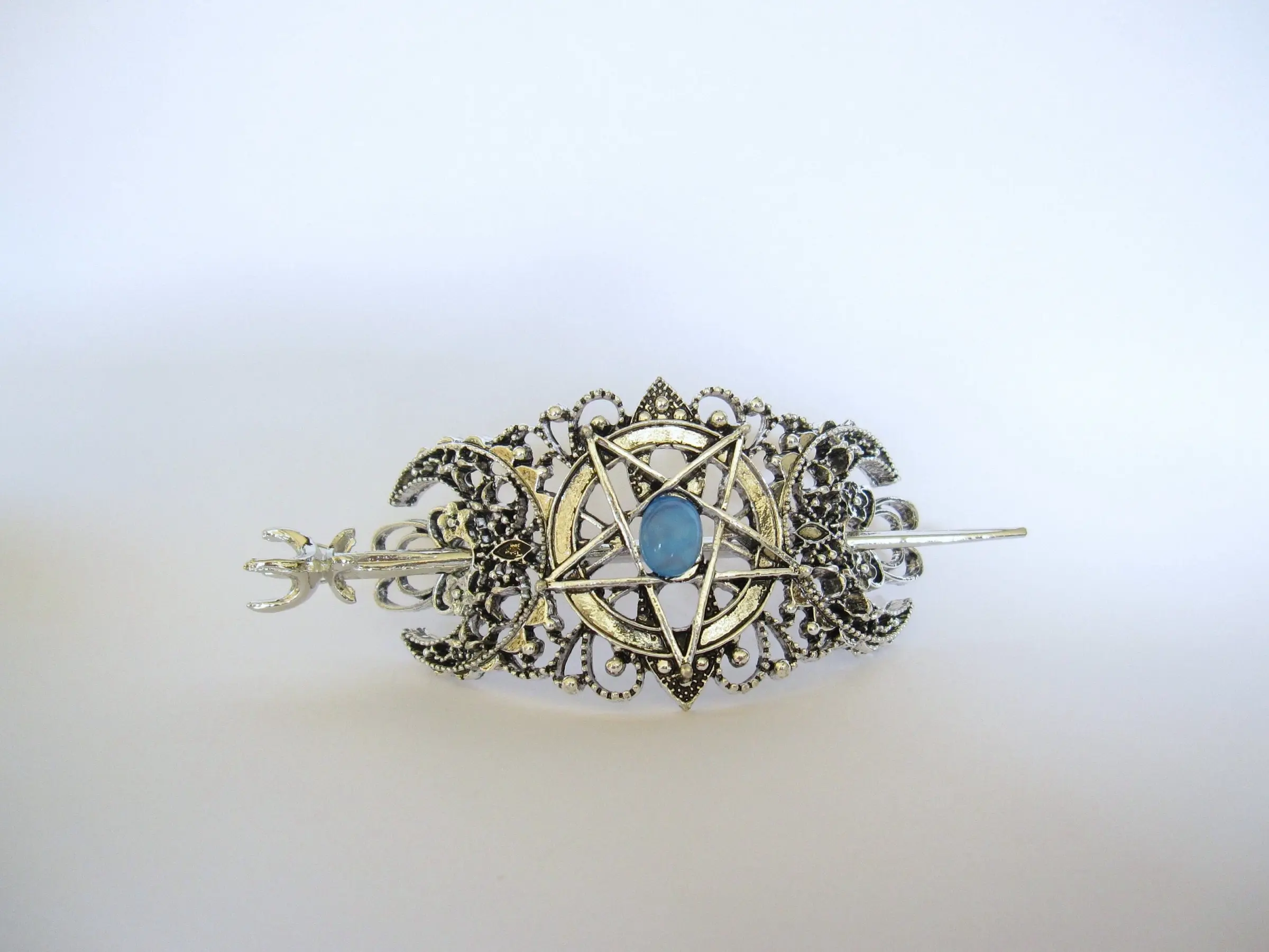 Silver moon pentagram crescent metal blue stone hair slide stick clip barrette