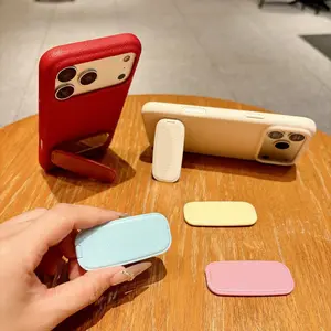 New Leather Texture Folding Makeup Mirror Phone Stand, Fashionable Influencer Adhesive Back Mount, Horizontal and Vertical Use