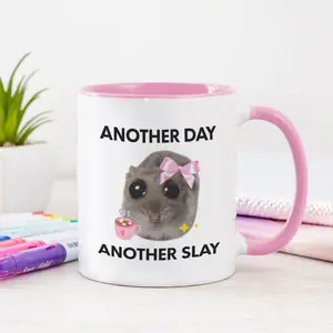 11oz 15oz "Another Day Another Slay" Sad Hamster Meme Coffee Mug |   Coquette Pink Bow Sarcastic Gag Gift for Work Bestie Coworker, Funny Relatable Gen Z Ceramic Tea Cup for Office Desk