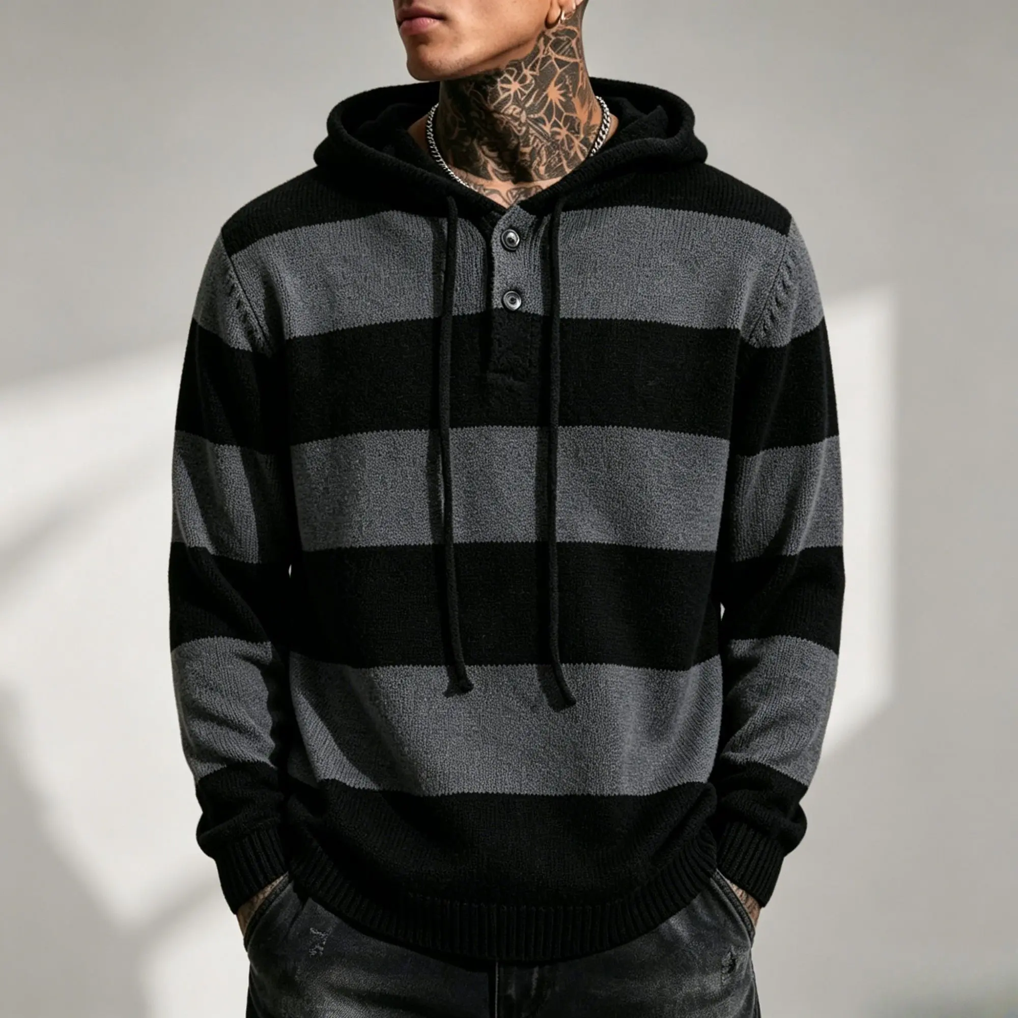 Men’s black-and-gray striped knit hoodie, Henley collar, loose fit, vintage style, casual sweatshirt