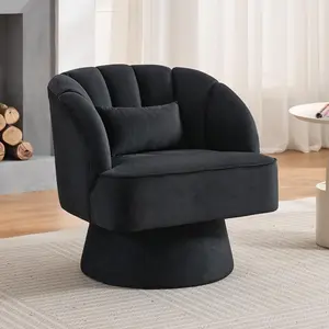 Modern Swivel Barrel Accent Chair, 360 Degree Velvet Upholstered Armchair with Striped Backrest & Plush Padding, Comfy Round Lounge Chair for Living Room, Bedroom, Reading Nook, Black