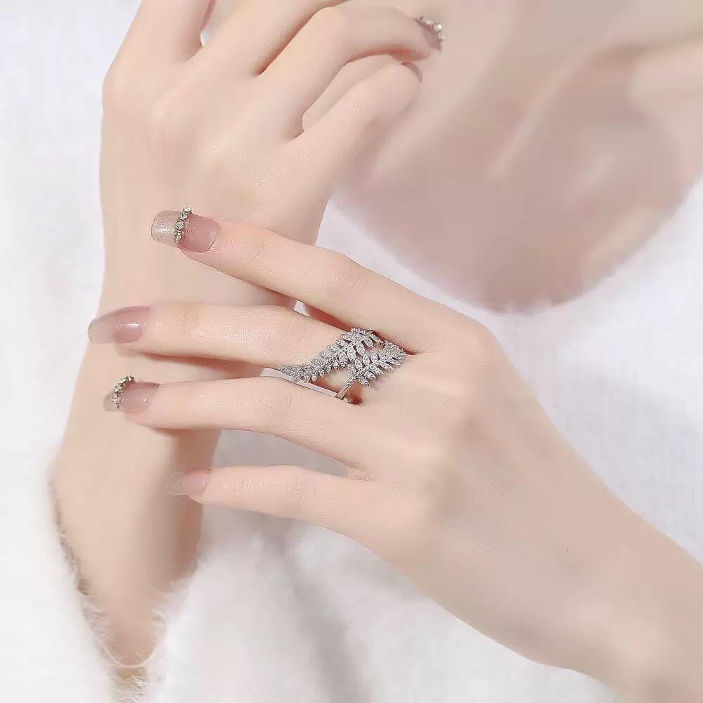 Adjustable Lucky Leaf Open Ring, Gold & Silver Two-Tone with Paved Crystals, Elegant Fashion Promise Ring for Engagement, Anniversary, Wedding, Birthday, Perfect Gift for Girlfriend, Mother's Day Gift