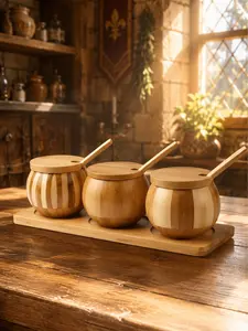 The Armored Kingdom Salt & Spice Container Set - 100% Natural Bamboo Wood - 3 Containers with Lids & Spoons - Eco-Friendly & Durable - Perfect for Herbs, Spices, & Seasonings - Royal Craftsmanship for Modern & Medieval Kitchens