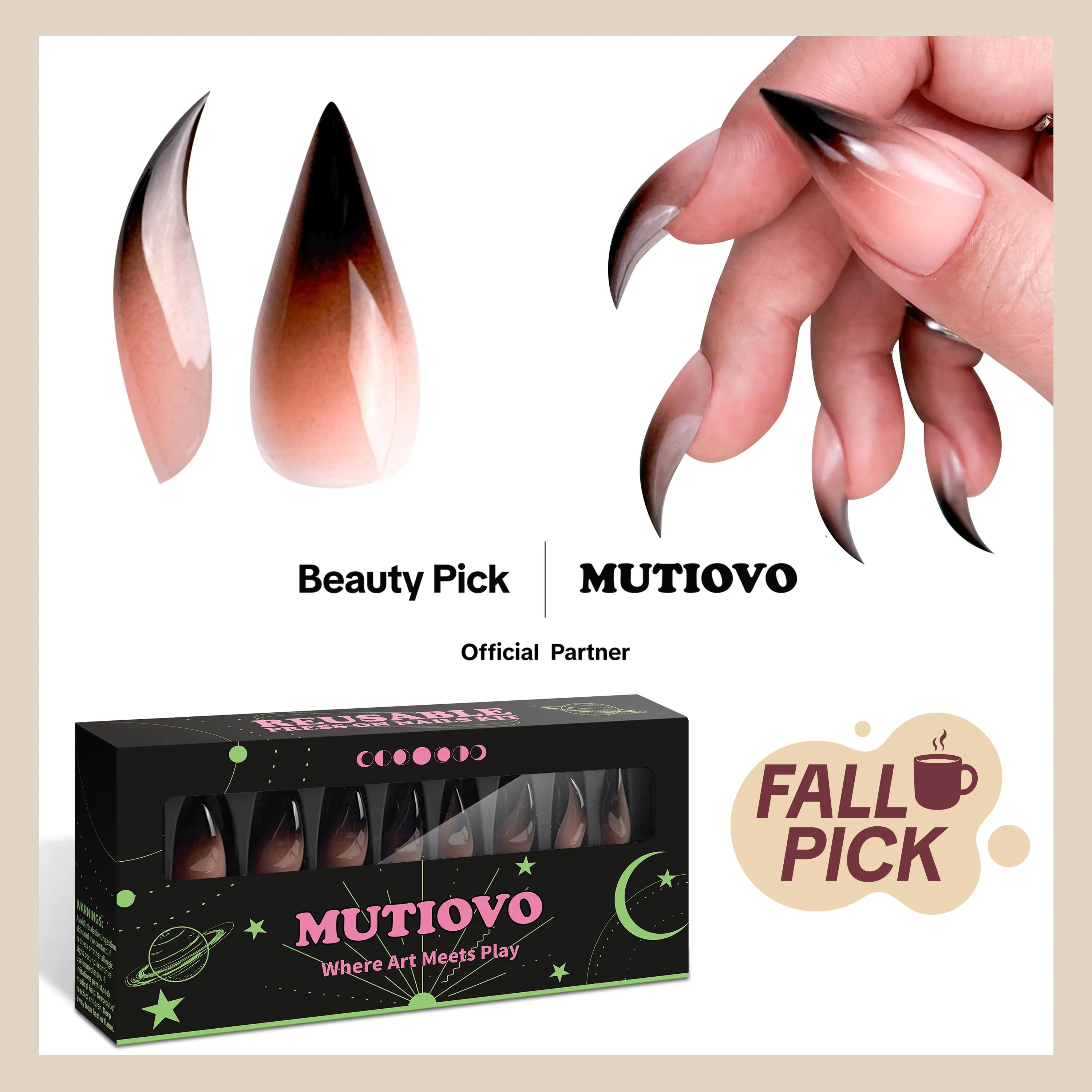 MUTIOVO Halloween Reusable Press on Nails Cat Claw Short Curved Stiletto - Black Ombre Pink Shade 3D Fake Nails with Built-in Apex, 16 Sizes, Jelly Adhesive Tabs & Nail File for Cosplay(No Liquid Glue)