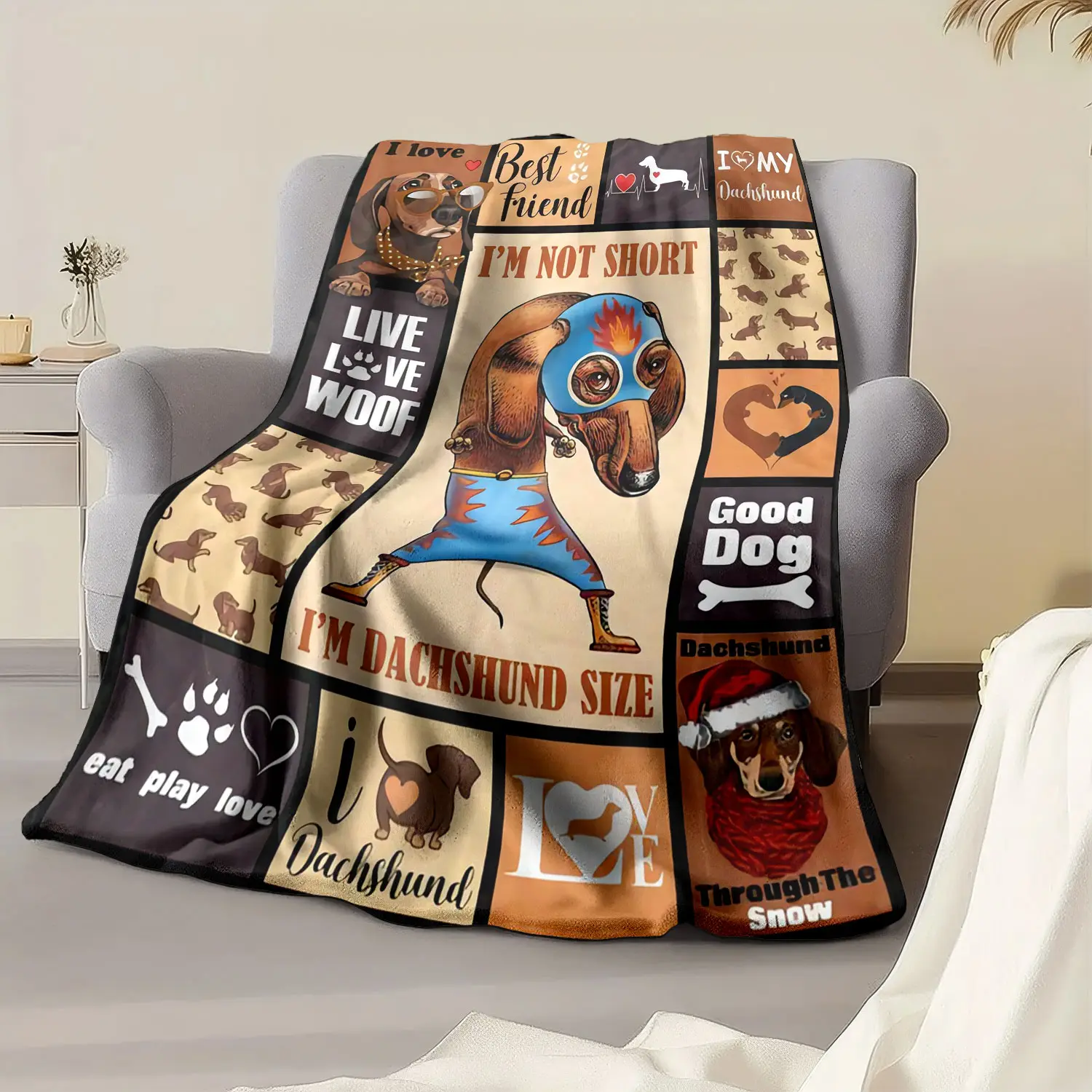 Cute Sausage Dog Quote Patchwork Blanket, Soft Plush Throw for Couch Bed Travel Camping, Perfect Gift for Sausage Dog Lovers
