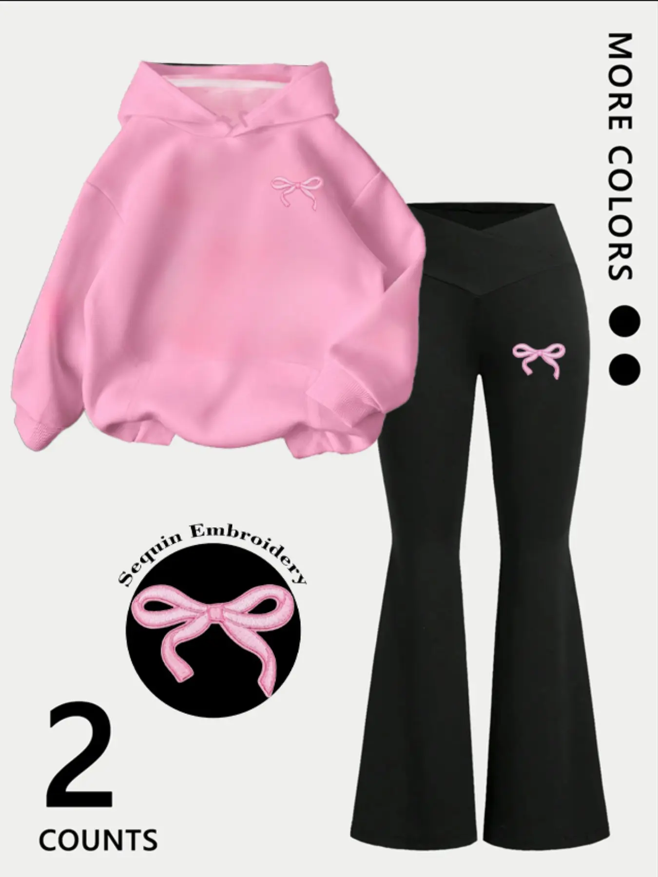 Butterfly Knot Embroidered Hoodie Sweatshirt Set, Sweet Cool Girl Casual Two-Piece, High-Waisted Flare Pants, Bling Effect, Comfortable Fit