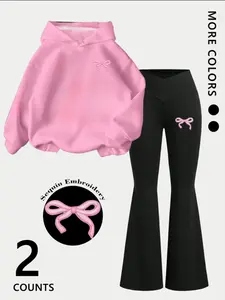 Butterfly Knot Embroidered Sweatshirt Set, Sweet Cool Girl Casual Two-Piece, High-Waisted Flare Pants, Bling Effect, Comfortable Fit Hoodie, Womenswear