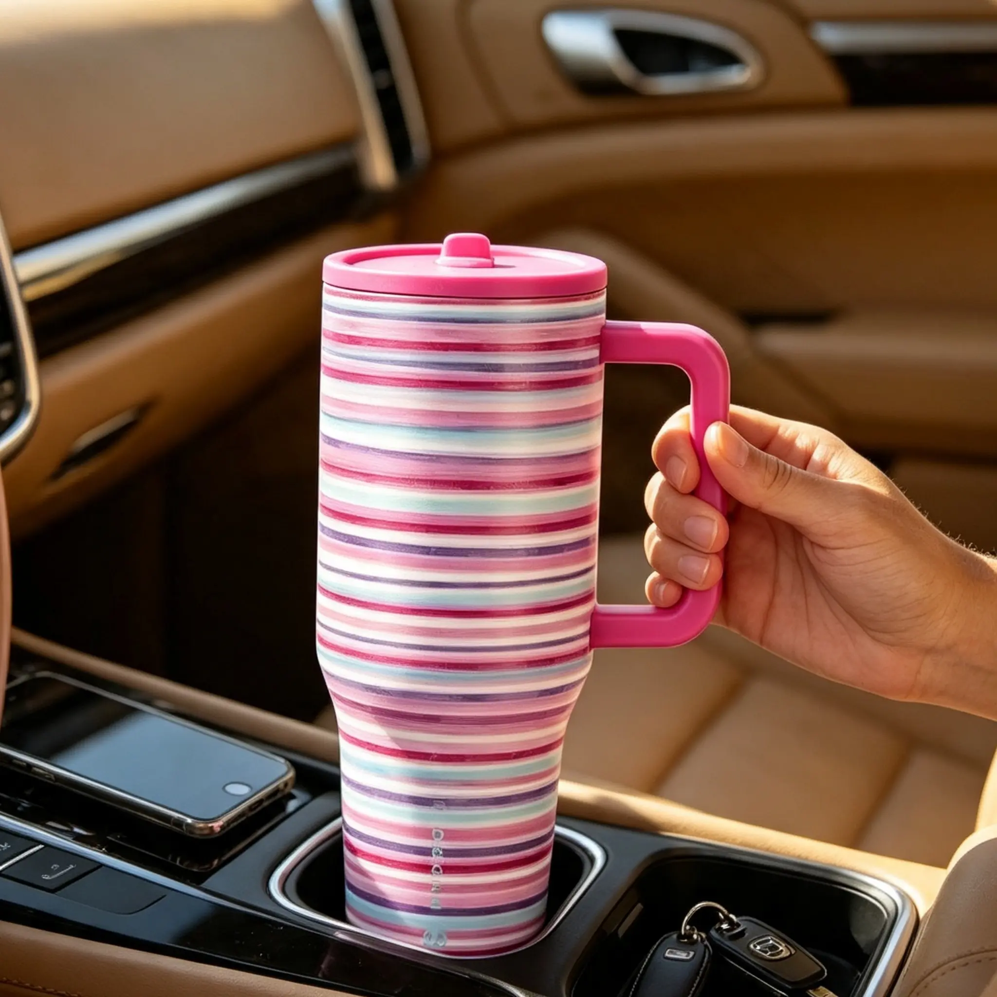 HydroJug 40oz Traveler Tumbler Pink Watercolor Striped Insulated Cup with Handle | Car Gym Travel