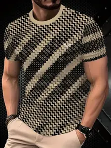 Men's Stylish Casual Streetwear Round Neck T-Shirt with Unique Chinese Style, Casual Everyday Wear, Comfortable and Breathable Fitted Long Fit, Geometric Patterned Design, Menswear