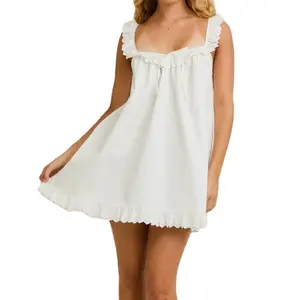 Women's Coquette Cottagecore White Ruffle Lace Nightgown | Sleeveless Square Neck Lounge Sleep Dress