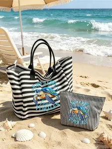 Large black-and-white striped beach tote with turtle & letter prints. Foldable canvas shoulder bag, sand-proof and waterproof. Durable woven material with ample space, ideal for summer travel, swimming and daily use. Perfect for holidays and gifting.