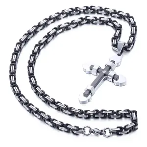 Hermah Stainless Steel Cross Pendant Necklace For Men Women Black Silver Color Byzantine Chain 24 inch