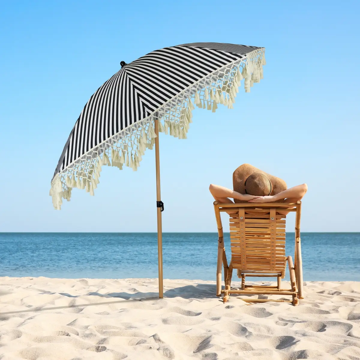 Northlight 35758346 6.5 ft. Striped Outdoor Beach Market Umbrella with Tilt, Black & White
