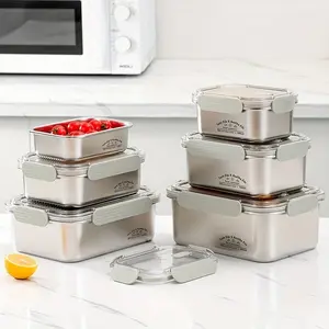 304 stainless steel fresh-keeping box set, suitable for dishwasher/microwave/refrigerator, suitable for home, kitchen, school, picnic, barbecue, large capacity bento box, fruit container with lid, kitchen sealed storage container