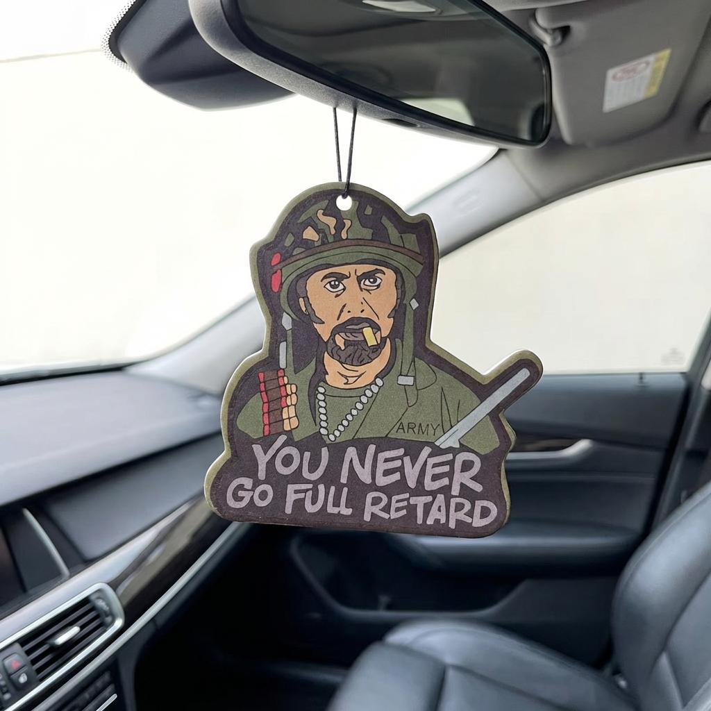 Novelty Car Air Freshener, Tropic Thunder "You Never Go Full Retard" Quote, Long Lasting Scent Pendant, Funny Military Man Cartoon Hanging Ornament for Car Interior Decor