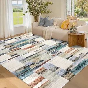 Washable Modern Geometric Living Room Rugs, Soft Non Slip Patchwork Abstract Area Rug for Bedroom Nursery Room, Minimalist Contemporary Minimalist Large Dining Room Carpet for Farmhouse Office