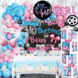PLL Burnouts or Bows Gender Reveal Decorations, Boy or Girl Gender Reveal Party Decorations, What Will the Be Backdrop Balloon Banner Tablecloth Cake Cupcake Topper Box Sash Pink Blue Kit Gifts