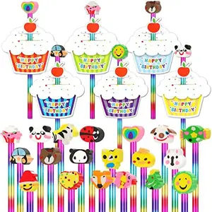 144 Pcs Happy Birthday Pencils Set for Kids Include 48 Tie Dye Rainbow HB Pencils 48 Cute Erasers Toppers 48 Colorful Greeting Cupcakes Cards for School Students Birthday Gifts Party Supplies