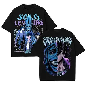Solo Leveling Vintage Washed Graphic Tee Oversized Sung Jin Woo Anime Shirt Double Sided Print, Gym Pump Cover Streetwear Casual Short Sleeve Top Gifts for Manhwa Fans 90s Retro Aesthetic Unisex Apparel Trendy Y2K Dark Otaku Clothing Mens Tops Tees