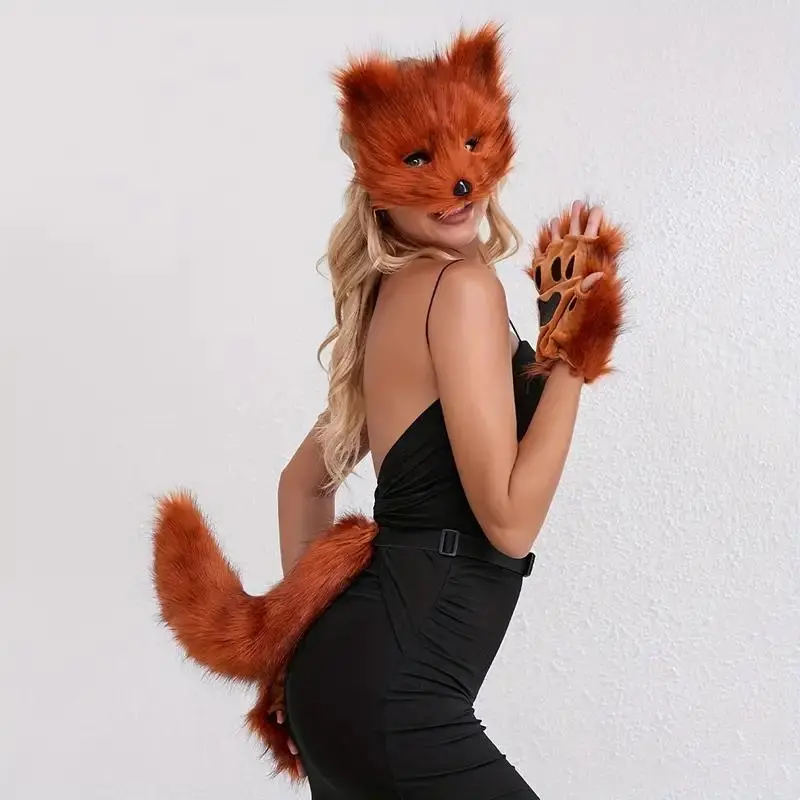 Halloween Fox Costume Set, Includes Soft Plush Tail, Mask & Gloves, Cute Animal Theme Cosplay Accessories for Parties & Live Streams