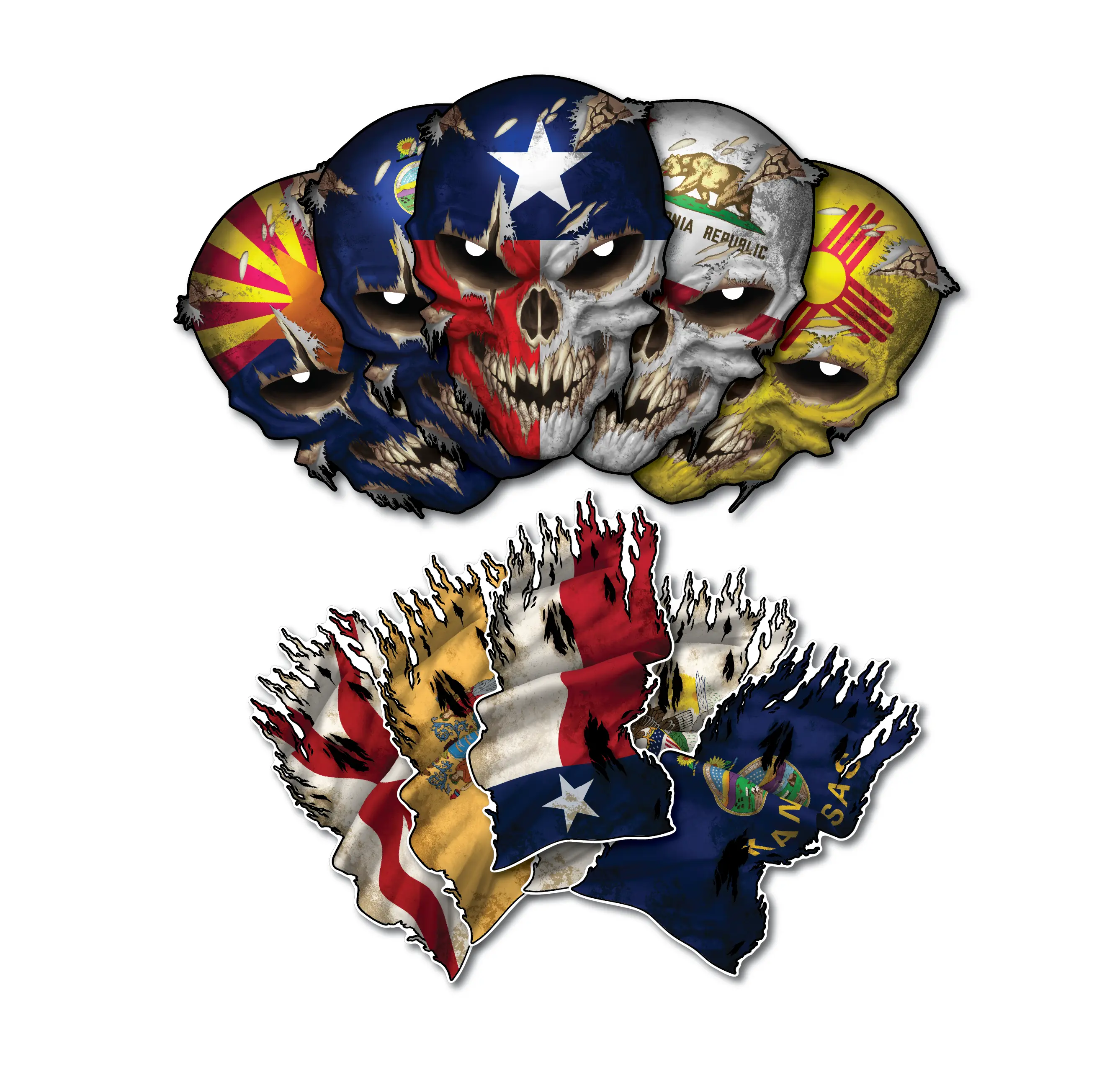 State Flag Skull Decal Tattered Waving Flags Combo Pack Reflective Eye Skulls Universal Car Sticker Bumper Sticker Windshield Sticker