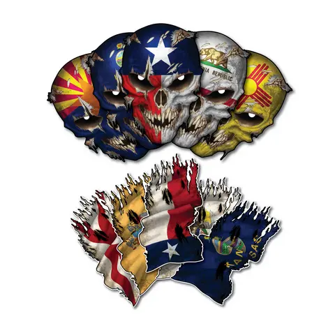 State Flag Skull Decal Tattered Waving Flags Combo Pack Reflective Eye Skulls Universal Car Sticker Bumper Sticker Windshield Sticker