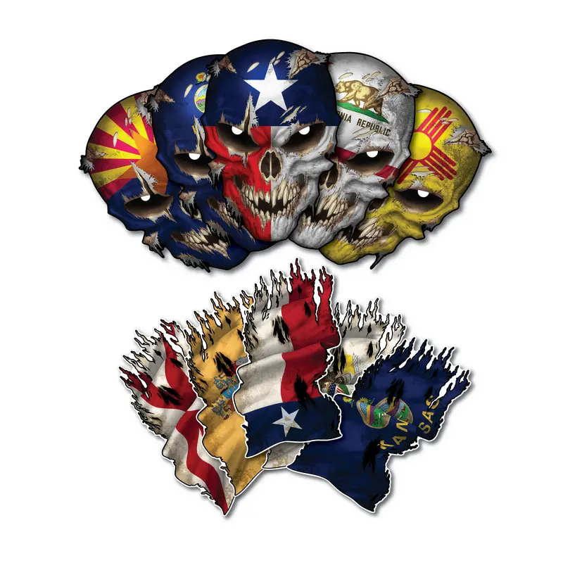 State Flag Skull Decal Tattered Waving Flags Combo Pack Reflective Eye Skulls Universal Car Sticker Bumper Sticker Windshield Sticker