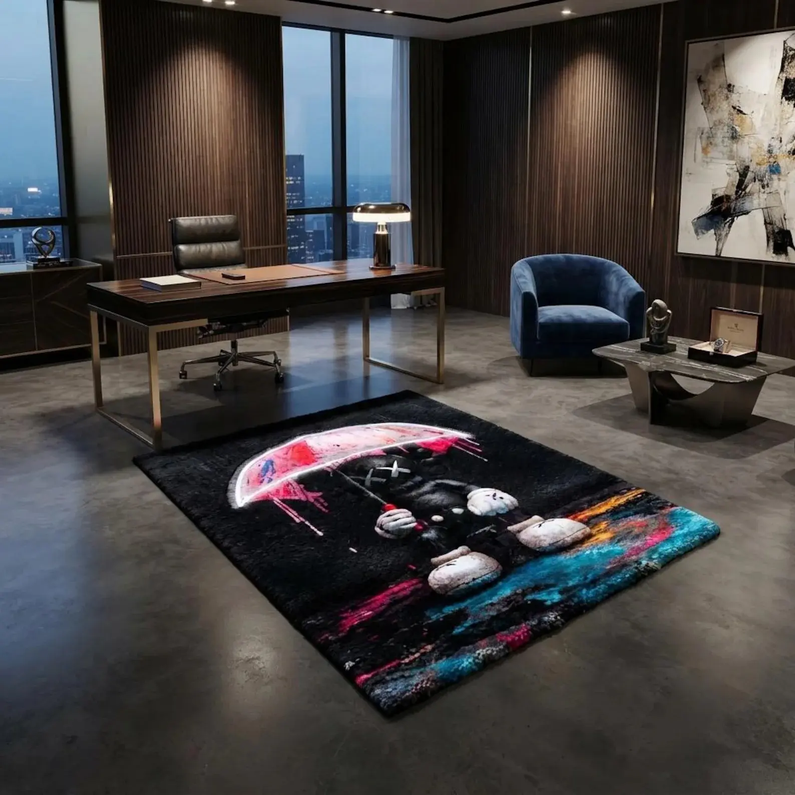 Hand Tufted Black Character Umbrella Street Art Area Rug - Modern Handmade Wool Hypebeast Room Decor Carpet