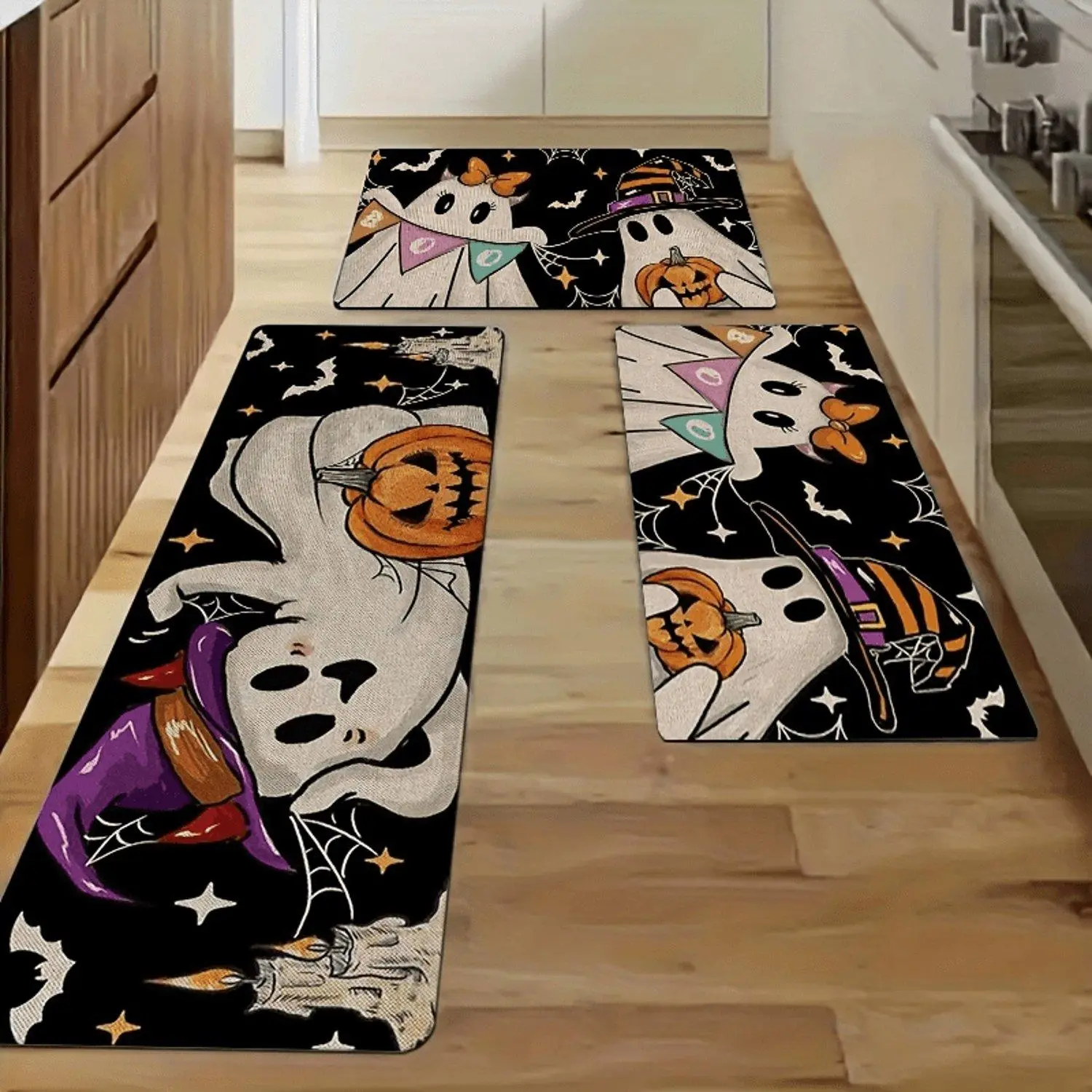Halloween Non-Slip Kitchen Mat - Cute Ghosts, Machine Washable Floor Mat for Halloween Decor, Kitchen & Dining Room - Fits Sink, Stove, Entryway - Spooky Halloween Party Decoration
