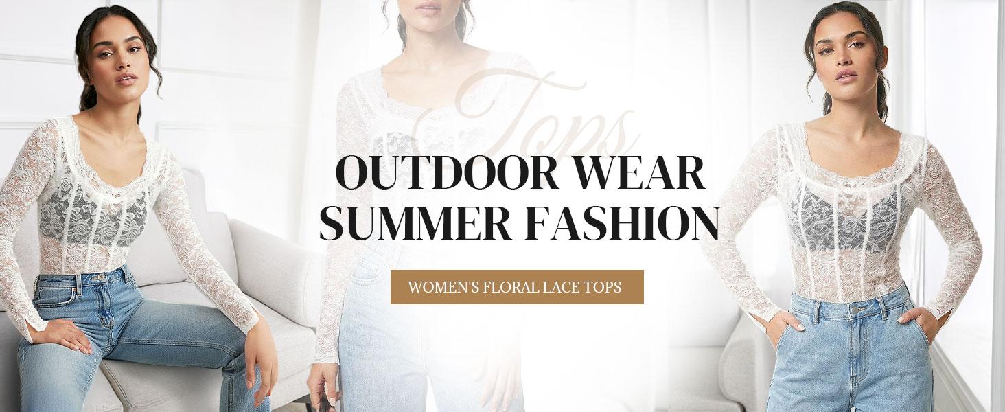 ETCYY Women's Mesh Top | Sexy Lace Long Sleeve Shirt Crewneck Slim Fitted See Through Blouse,Sheer Lace Crew Neck Blouse,Floral Sheer Mesh Top