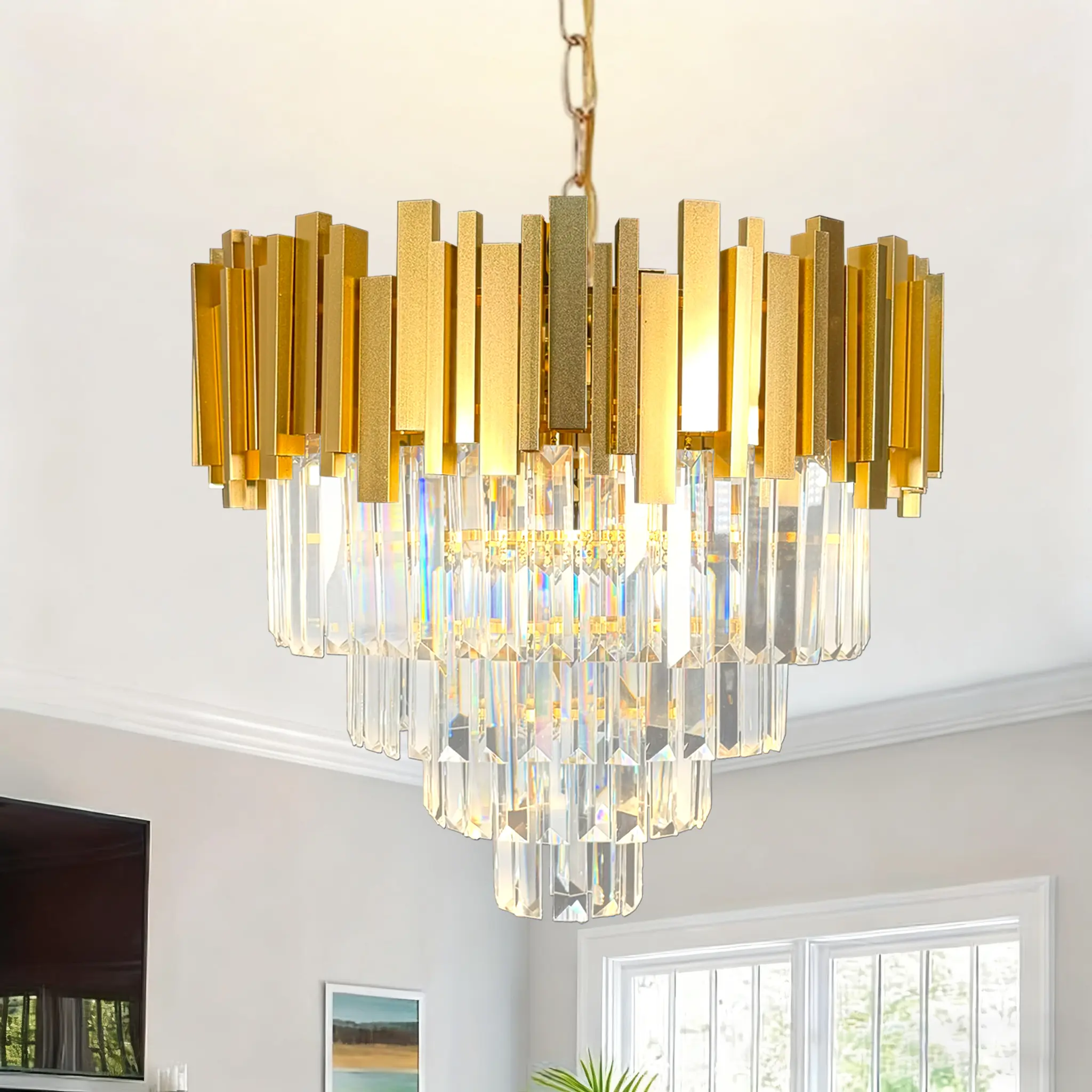 Modern Round Gold Crystal Chandelier, 4-Tier 20-Inch Dimmable Chain-Linked Pendant Light, E12 Base Fixture for Dining Room Living Room Bedroom Hallway, Luxury Home Decor, Bulbs Not Included Lighting Fixture