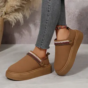 Women's Mini Snow Boots Warm Winter Slippers Suede Fabric with Trendy Knit Trim and Furry Inside Indoor Outdoor Shoes