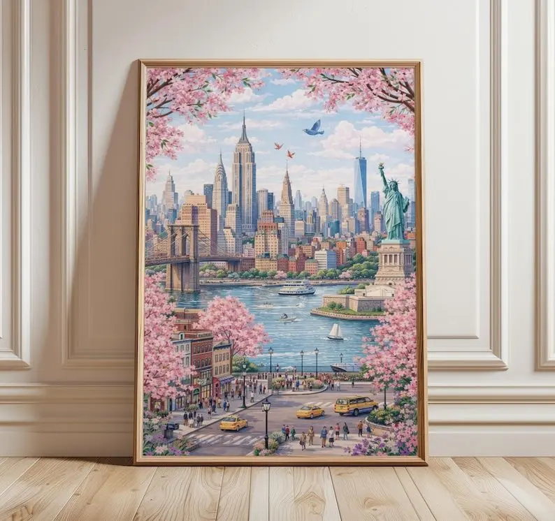 New York Poster  Statue of Liberty & Brooklyn Bridge Print  Pastel NYC Wall Art  USA Spring Decor  New York Skyline  Travel Gift