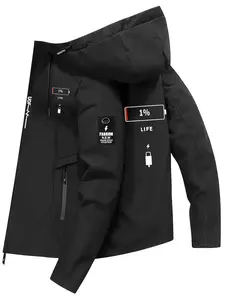 Men's Casual Fashion Hooded Jacket, Cyberpunk Print, Shell with Lightning Logo, Zipper Pockets, Spring & Fall Commute Wear