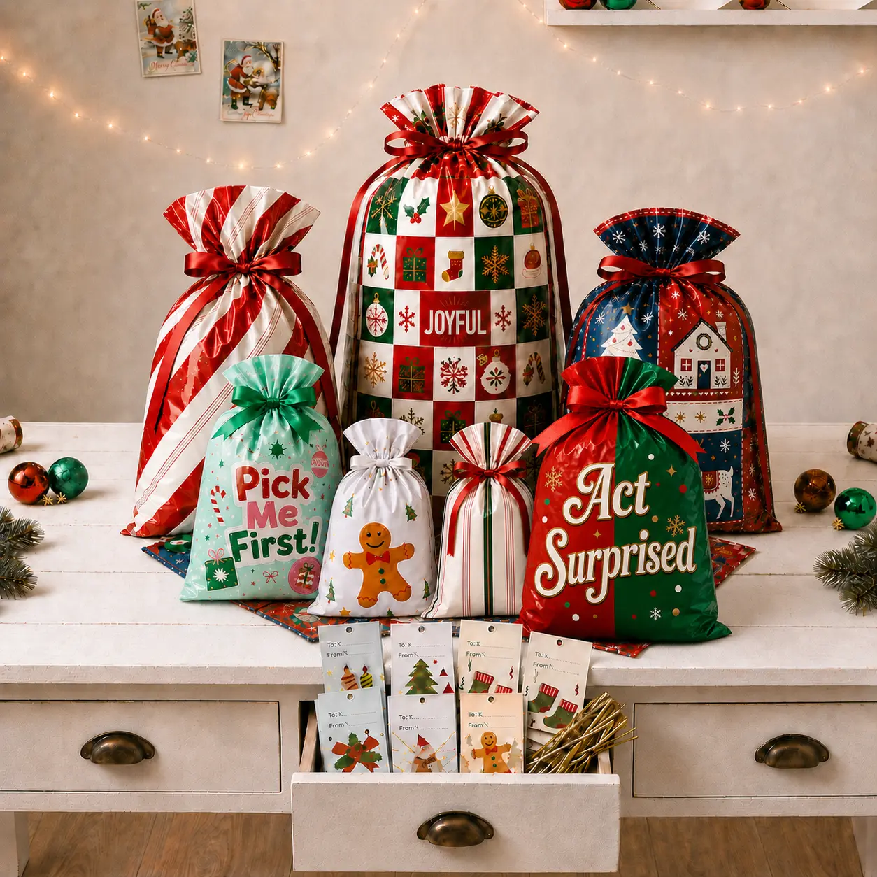 55PCS Reusable Christmas Gift Bags & Tags Set - 25 Assorted Sizes Drawstring Wrapping Bags with 30 Tags, Quick Pull-Tie for Holiday Gifts & Parties
