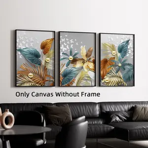 3Pcs Optinal Frame Golden Butterfly Leaves Canvas Posters, Floral abstract design, Abstract Wall Art, Aesthetic Room Decor, Artwork Wall Painting For Gift, Wall Decor For Living Room, Bedroom Decoration
