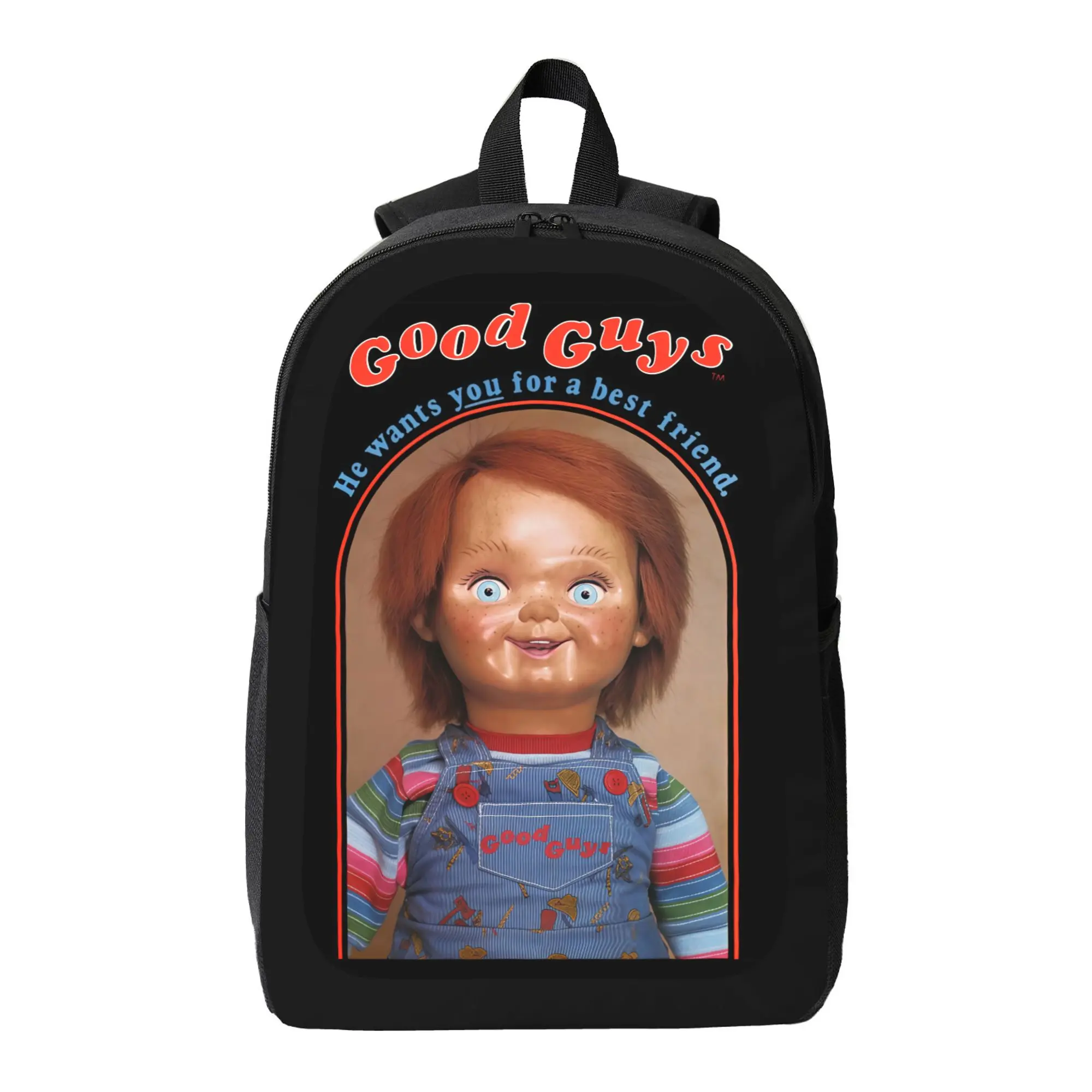 1pc Chucky Print "Good Guys" Text Backpack - Lightweight Textile, Adjustable Strap, Large Size, Zipper Closure, Unisex Casual Daypack for School/Travel, Horror Movie Fan Gift, Halloween Costume Accessory