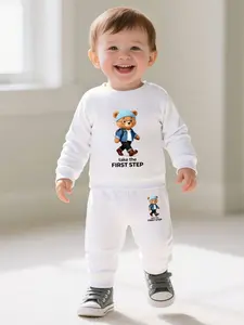 Newborn Baby Boy Long Sleeve Round Neck Sweatshirt Set, Cute Bear Cartoon Print, Casual Fitted All Season, Thin Kint Fabric