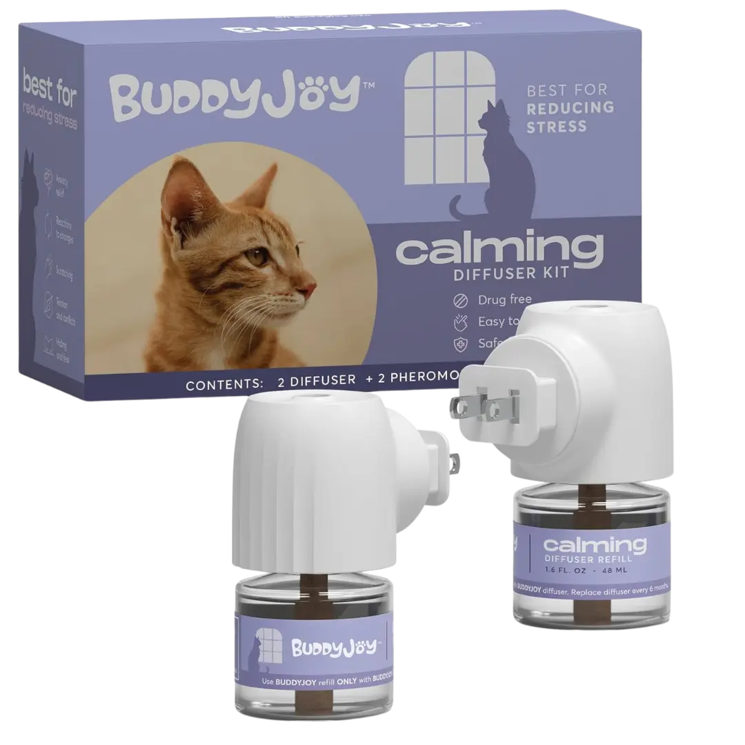BUDDYJOY Cat Calming Diffuser Kit – Long-Lasting 30-Day Formula with Pheromones for Stress Relief, Relaxation, and Anxiety Reduction in Cats Easy to Use – (2 Diffusers + 2 Refills)