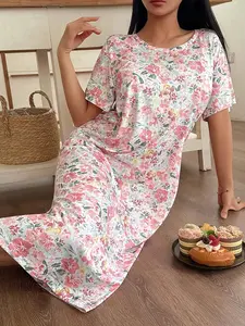 Women's Ditsy Floral Print Round Neck Casual Everyday Short Sleeve Sleepwear, Comfortable All-Over Flower Pattern Nightgown, Ladies' Loungewear, Nightdress