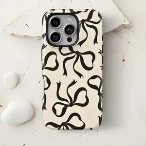 Black Ribbon Bow Beige Magsafe / Tough Phone Case, Slim Shockproof Protective Cover, Fits iPhone 17 16 15 14 13 12