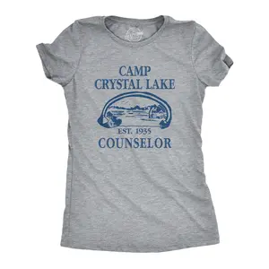 Womens Camp Crystal Lake T shirt Funny Graphic Camping Vintage Adult Novelty Tees Funny Womens T Shirts Cute Vintage Fashion Casual Ladies T-Shirt Gift Halloween Tops for Women Funny  Top Women's Novelty Tees Light Grey