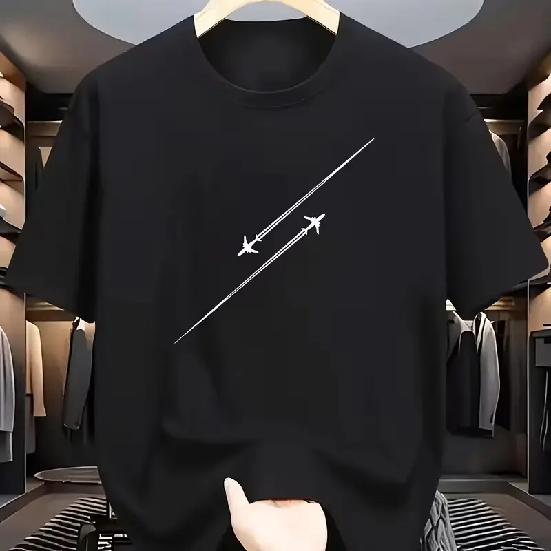 [Men's Graphic Tee] Lightweight Polyester Blend Men's Casual Graphic Tee | White Crew Neck T-Shirt with Black Geometric Print, Short Sleeves, for Summer Style