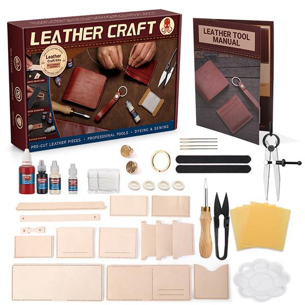 Harxvto Men's Wallet Leather Craft Tools Set Video Tutorials for Wallets Card Holders Handmade Smooth Leather, Classical Style Durable Retro Short Multi-function Credit Card Holder Perfect Gift