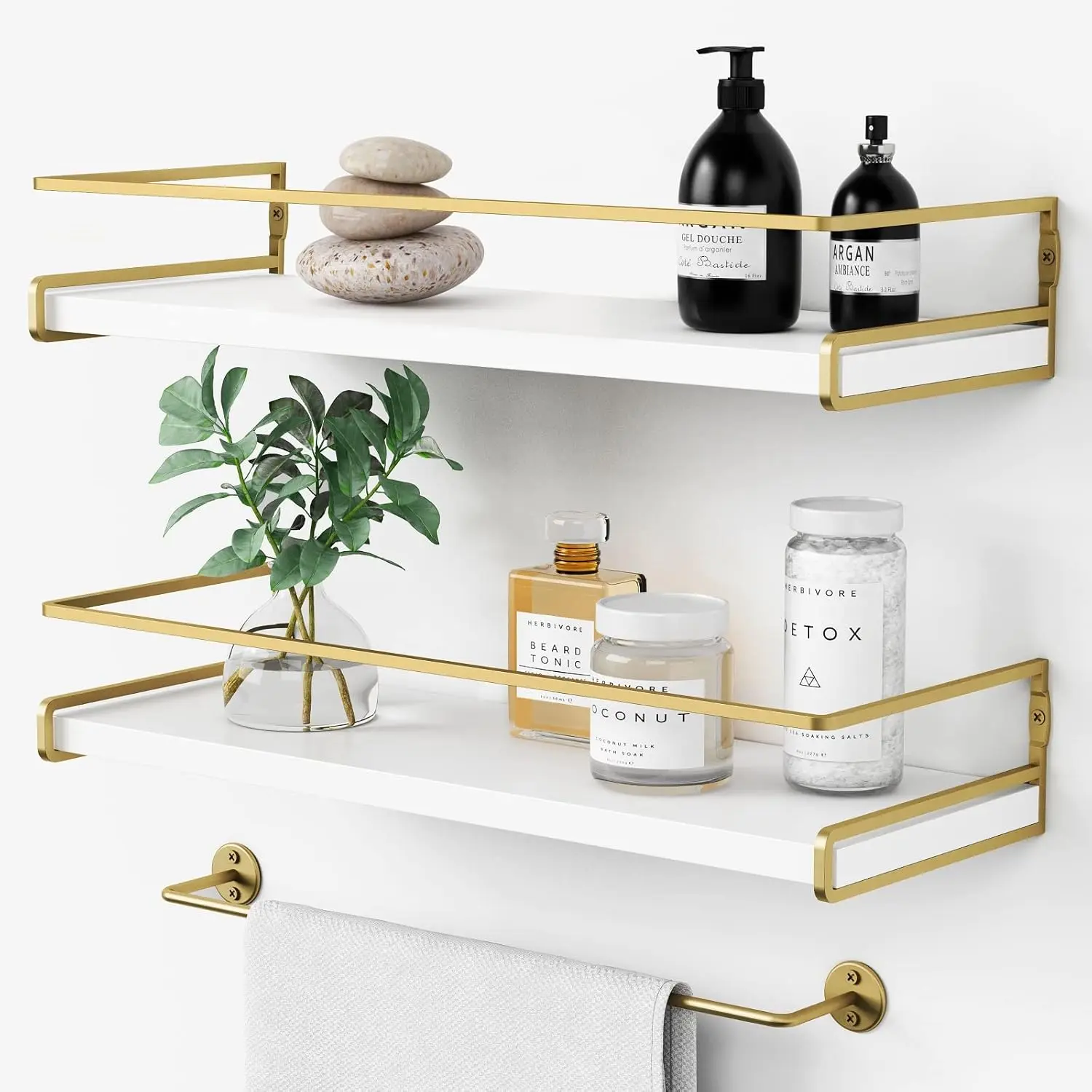 Floating Bathroom Shelves Wall Mounted, Aesthetic White and Gold Shelves for Bathroom  Wall Decor Storage Small Spaces, Set of 2