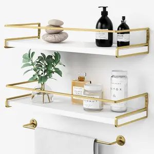 Floating Bathroom Shelves Wall Mounted, Aesthetic White and Gold Shelves for Bathroom  Wall Decor Storage Small Spaces, Set of 2