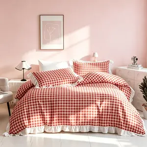 Vintage Plaid Korean Style Ruffle Bedding Set, 1 Duvet Cover + 2 Pillowcases, Ultra Soft Polyester, Ideal for Girls' Bedroom Decor