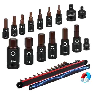 Allen-wrench Hex Bit Socket Set: 16-piece Set With Magnetic Rail Organizer 1/4  3/8 1/2-inch Drive 5/64-9/16 Key Adapter For Professional Garages WorkshopQuesear