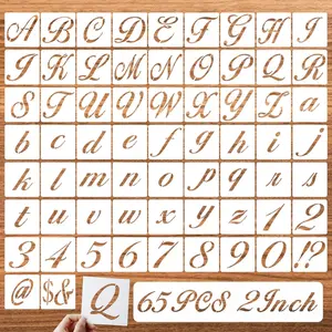 2 Inch Letter Symbol Stencils for Painting on Wood, 65 Pcs Alphabet Drawing Templates with Calligraphy Large Font and Cursive Letters Numbers Signs, Reusable Plastic Art Craft Stencils